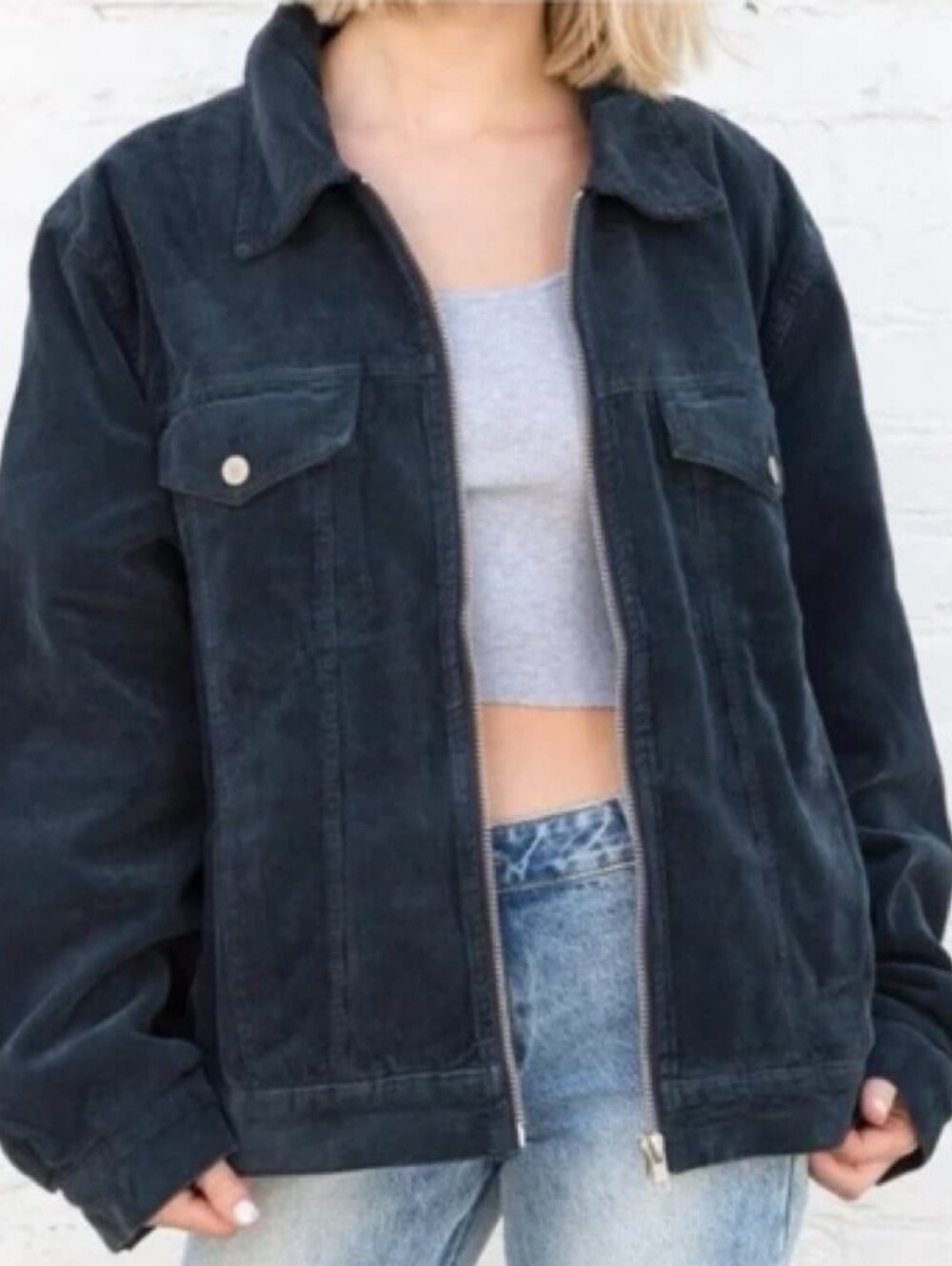 John Galt Brandy Melville Corduroy Zip-Front Jacket in Black Women's Size XXL